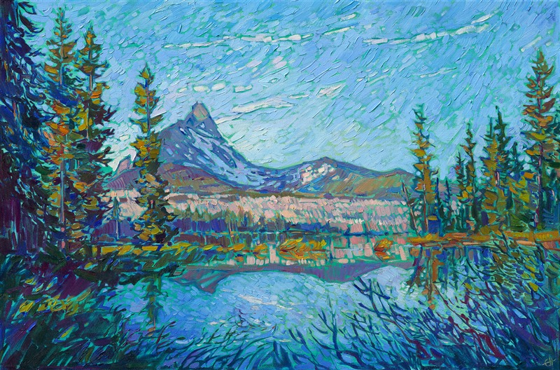 Camping at one of the many lakes in the Cascade range, I woke up one morning to see the water so still that the reflections were mirror-still. The light was so clear and crisp that I could see details on the snow-capped mountains far in the distance. This painting captures the feeling of waking up in the cold morning air, surrounded by the beauty of Nature.