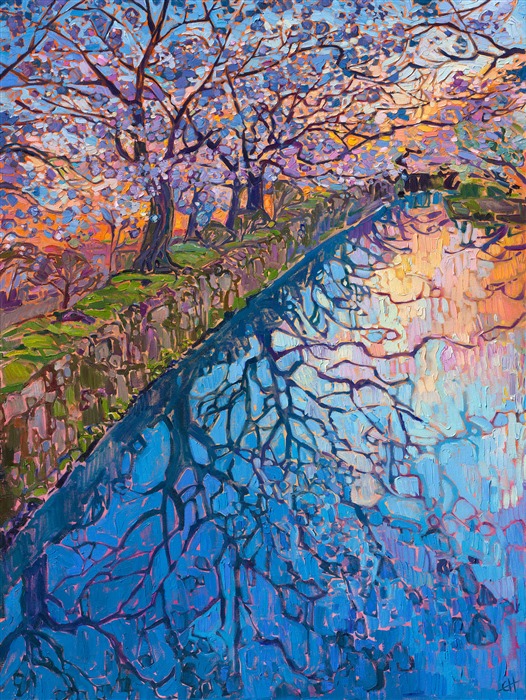 I visited Kyoto, Japan, this year to photograph the Sakura season--Japanese cherry trees in bloom. This painting captures the view from Philosopher's Path, a winding walkway of large stones that traverses the width of Kyoto. The path follows a water-filled canal, and cherry trees overhang the entire walkway. This painting captures the peaceful beauty of cherry trees at dusk.