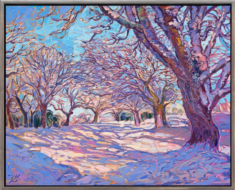 Last year we had a white Christmas in Oregon's Willamette Valley. This painting captures snow-covered maple and oak trees and long shadows curving across rolling hillocks in my home in Oregon wine country.<br/>