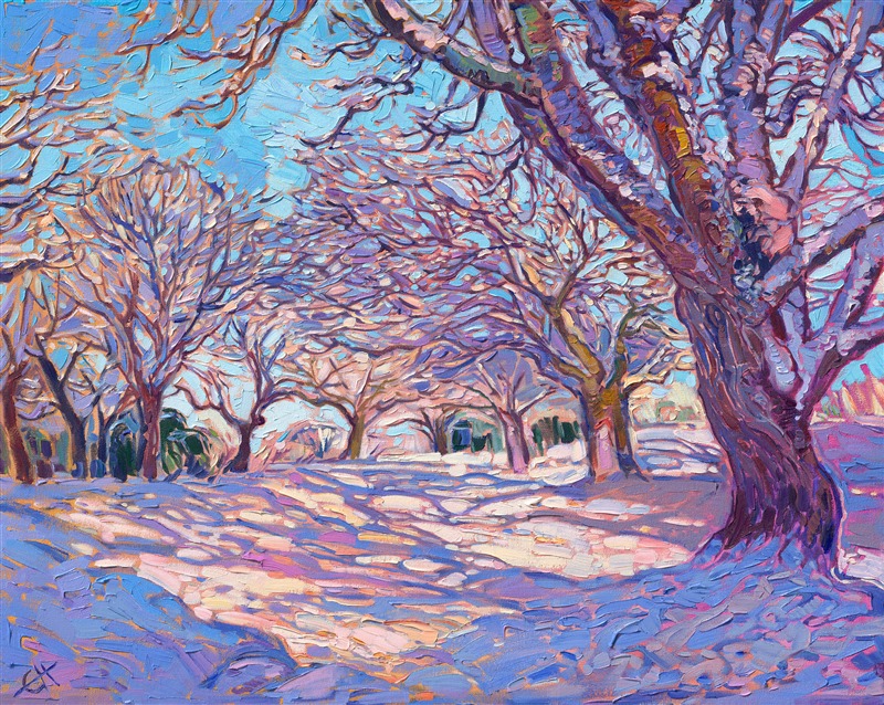 Last year we had a white Christmas in Oregon's Willamette Valley. This painting captures snow-covered maple and oak trees and long shadows curving across rolling hillocks in my home in Oregon wine country.<br/>