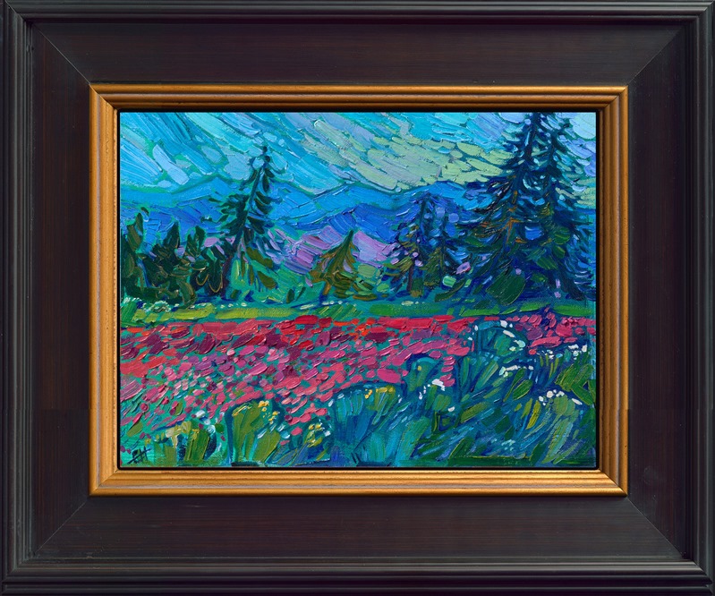 A crimson field of clover caught my eye as I was driving through Oregon's Willamette Valley. One of the best things about living in the Northwest is the incredible saturated color everywhere I look. The moody colors of an overcast sky were the perfect setting for this painting.