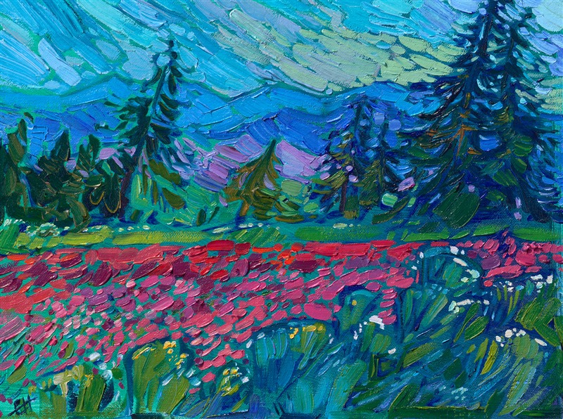 A crimson field of clover caught my eye as I was driving through Oregon's Willamette Valley. One of the best things about living in the Northwest is the incredible saturated color everywhere I look. The moody colors of an overcast sky were the perfect setting for this painting.