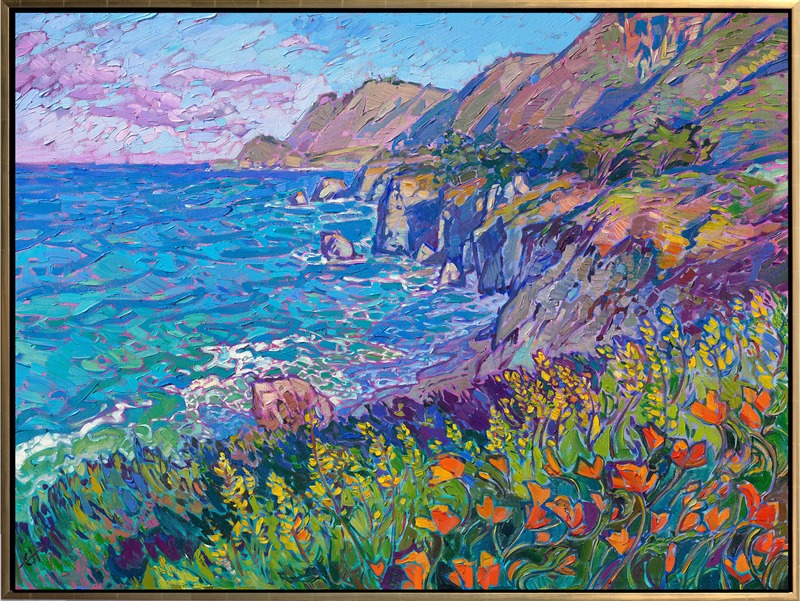 Highway 1 has been an endless source of inspiration for me as a painter. I first started painting the crystal turquoise waters of the Pacific Ocean about twelve years ago when I started exploring Paso Robles and the coastal region between Hearst Castle and Big Sur. I love painting swirling waves of white sea foam against aquamarine water. When orange poppies bloom along Highway 1, there is even more color to inspire me.