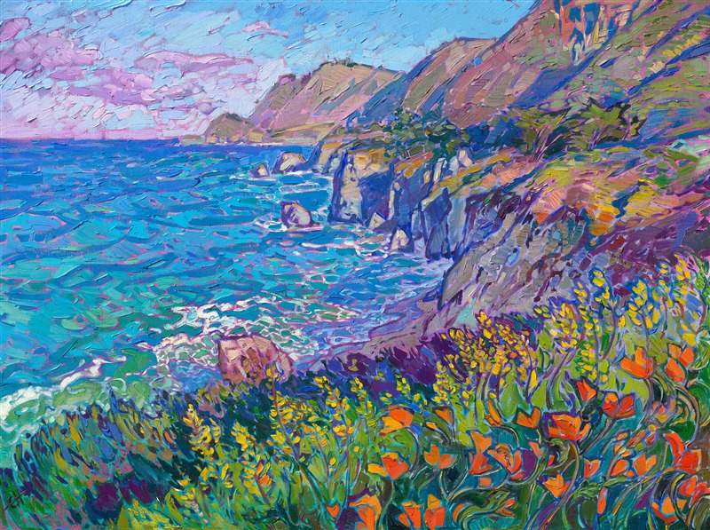 Highway 1 has been an endless source of inspiration for me as a painter. I first started painting the crystal turquoise waters of the Pacific Ocean about twelve years ago when I started exploring Paso Robles and the coastal region between Hearst Castle and Big Sur. I love painting swirling waves of white sea foam against aquamarine water. When orange poppies bloom along Highway 1, there is even more color to inspire me.