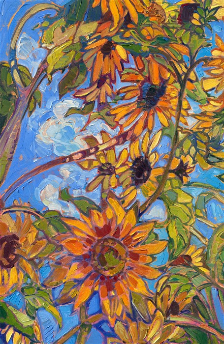 This October, I discovered a grove of sunflowers blooming in the Oregon countryside against a cobalt sky. The flower stalks stretched high over my head, and I felt completely enveloped by sun-lit hues of yellow, green, and blue. I took dozens of photos to use as reference later in my studio, and then, using impasto strokes of oil paint, I laid my paint strokes side by side without layering, creating a mosaic of color and texture across the canvas. The result captures the spirit of a late summer day in the northwest.