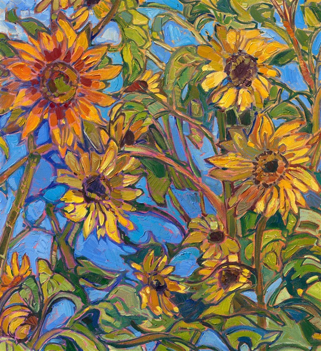 This October, I discovered a grove of sunflowers blooming in the Oregon countryside against a cobalt sky. The flower stalks stretched high over my head, and I felt completely enveloped by sun-lit hues of yellow, green, and blue. I took dozens of photos to use as reference later in my studio, and then, using impasto strokes of oil paint, I laid my paint strokes side by side without layering, creating a mosaic of color and texture across the canvas. The result captures the spirit of a late summer day in the northwest.