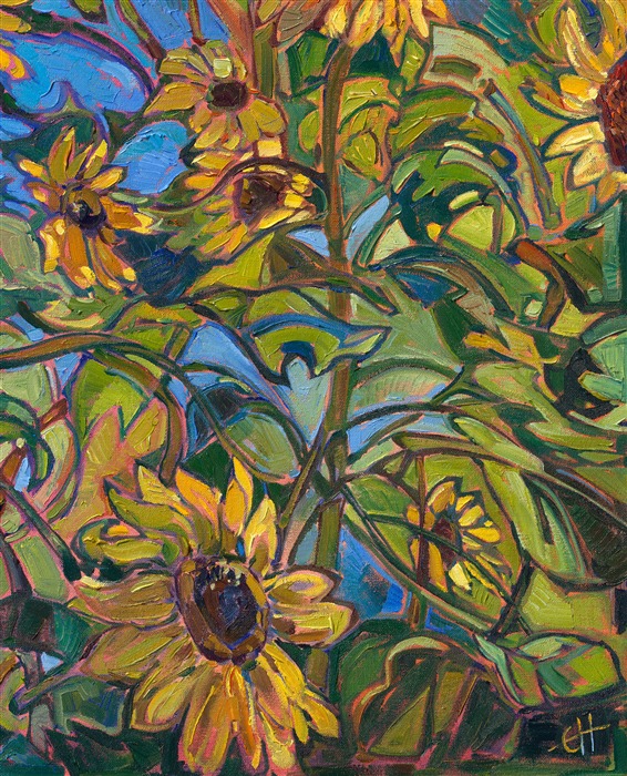 This October, I discovered a grove of sunflowers blooming in the Oregon countryside against a cobalt sky. The flower stalks stretched high over my head, and I felt completely enveloped by sun-lit hues of yellow, green, and blue. I took dozens of photos to use as reference later in my studio, and then, using impasto strokes of oil paint, I laid my paint strokes side by side without layering, creating a mosaic of color and texture across the canvas. The result captures the spirit of a late summer day in the northwest.