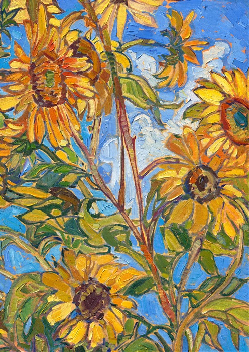 This October, I discovered a grove of sunflowers blooming in the Oregon countryside against a cobalt sky. The flower stalks stretched high over my head, and I felt completely enveloped by sun-lit hues of yellow, green, and blue. I took dozens of photos to use as reference later in my studio, and then, using impasto strokes of oil paint, I laid my paint strokes side by side without layering, creating a mosaic of color and texture across the canvas. The result captures the spirit of a late summer day in the northwest.