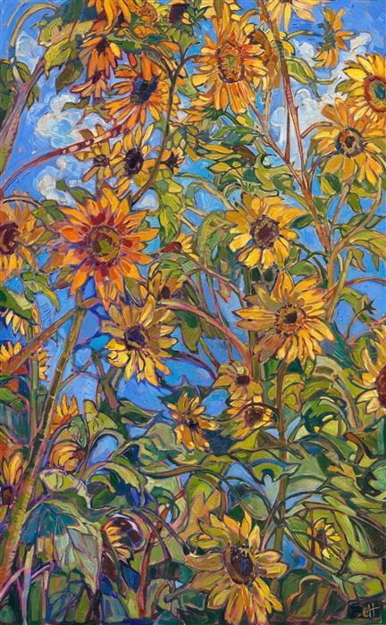 This October, I discovered a grove of sunflowers blooming in the Oregon countryside against a cobalt sky. The flower stalks stretched high over my head, and I felt completely enveloped by sun-lit hues of yellow, green, and blue. I took dozens of photos to use as reference later in my studio, and then, using impasto strokes of oil paint, I laid my paint strokes side by side without layering, creating a mosaic of color and texture across the canvas. The result captures the spirit of a late summer day in the northwest.