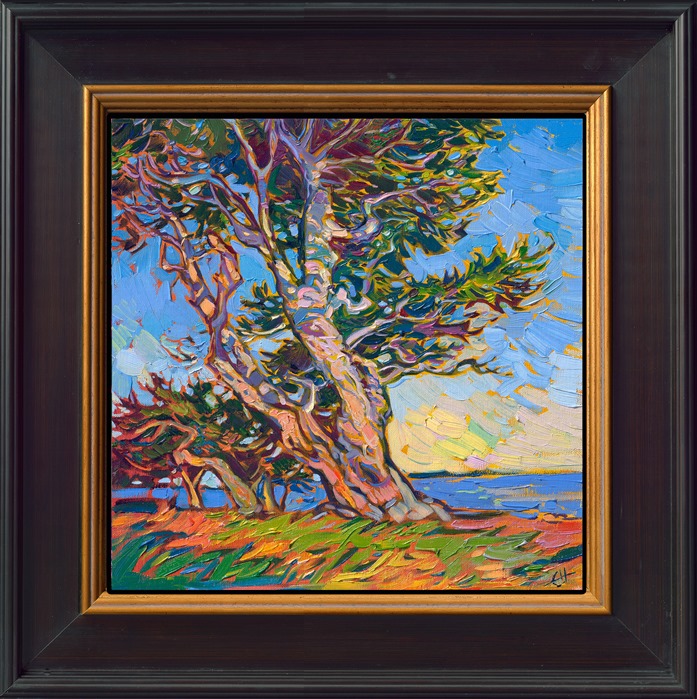 I never tire of painting the windswept cypress trees of Monterey County. Their pale bark reflects the colors of dawn and sunset, turning hues of pale rainbow sherbet. This painting captures a small grove of cypress trees near the Pebble Beach golf course.