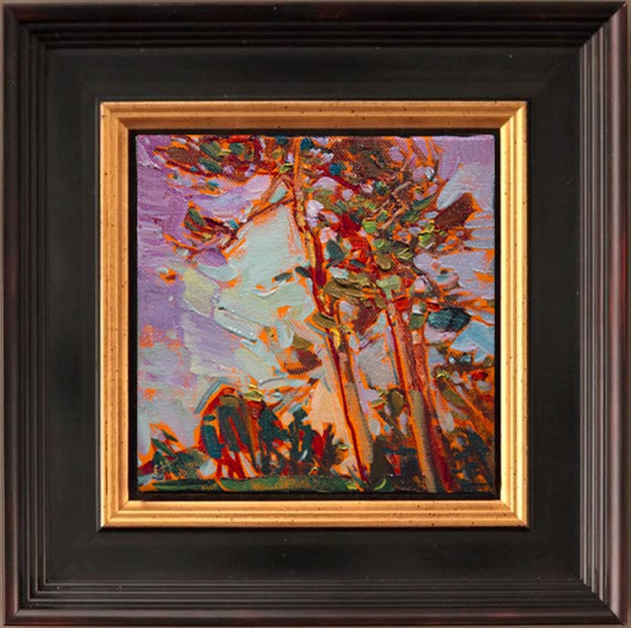 Lean cypress trees stretch into the sky, abstract shapes cutting across the horizon.  The brush strokes are loose and impressionistic, full of movement.</p><p>This small 6x6 oil painting arrives framed in a beautiful frame (as pictured), ready to hang.