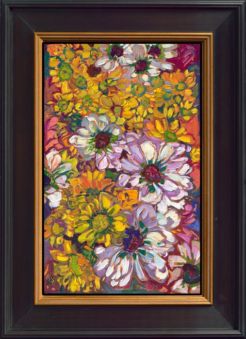 Yellow daisies are all the more beautiful when contrasted against pure white. This painting has an engaging balance and rhythm, created by thickly applied oil paint and changing color.