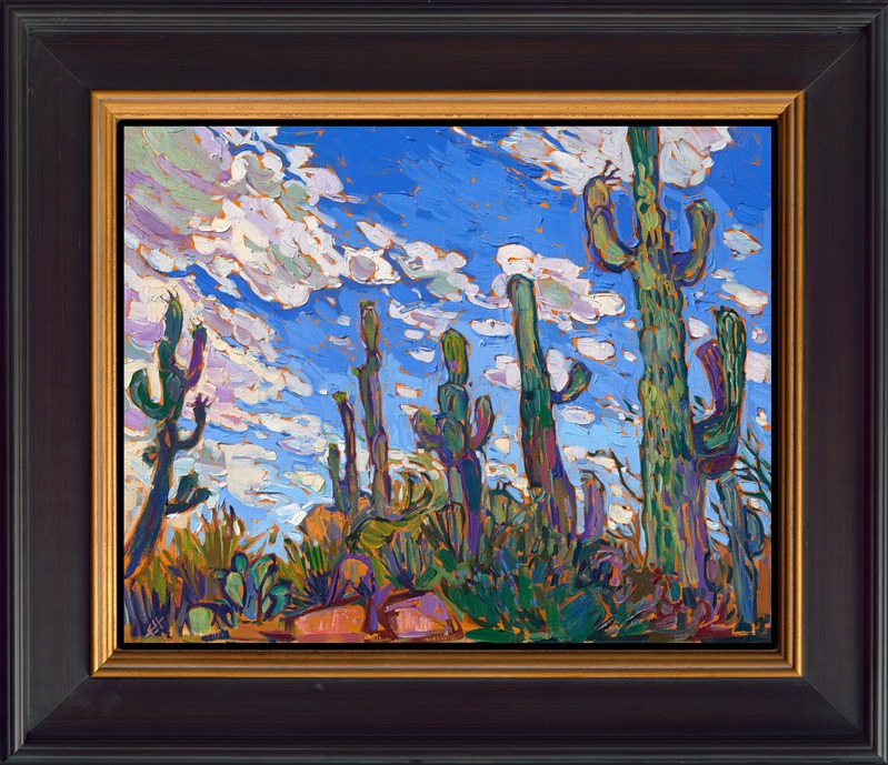 Ancient saguaro cacti grow everywhere you look in Saguaro National Park. I love painting these mighty plants, especially with an epic cloud backdrop.