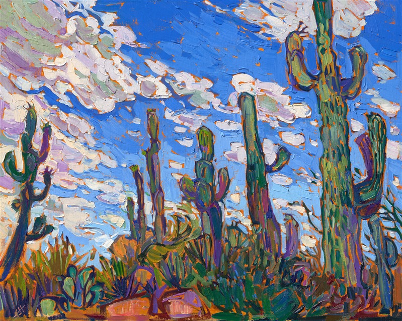 Ancient saguaro cacti grow everywhere you look in Saguaro National Park. I love painting these mighty plants, especially with an epic cloud backdrop.