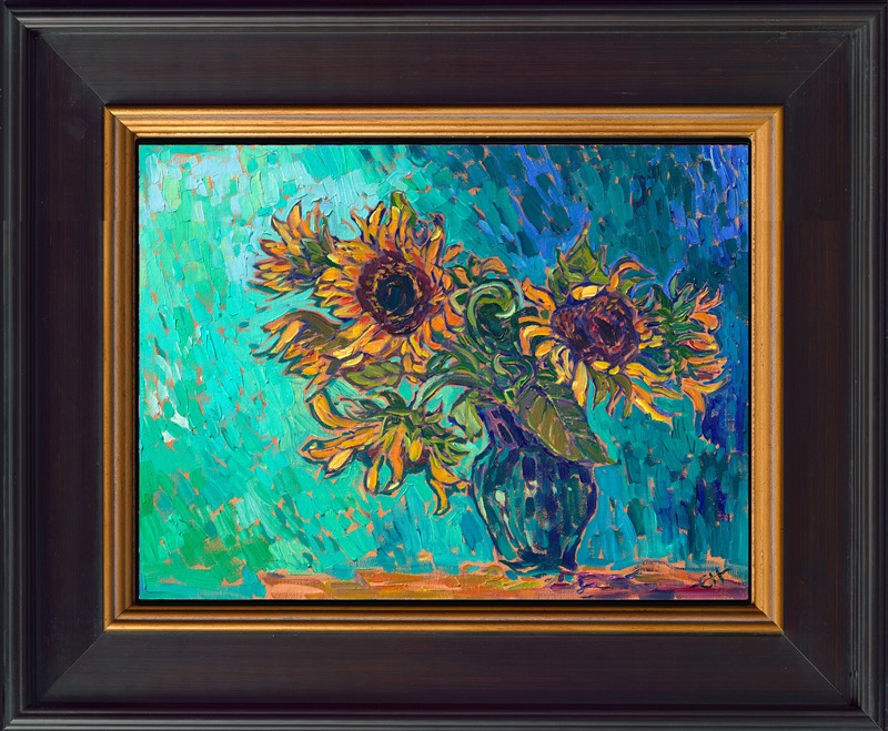 In this painting, I wanted to make the yellow sunflower blooms glow by contrast against a green backdrop. I used a limited palette of only five colors, pre-mixing a wide range of hues before I picked up my brush to paint. I then painted swiftly, creating a sense of movement within the piece by the texture of my brushwork. I tried not to go over the same point on the canvas more than once, getting each stroke "right the first time," without blending or layering.