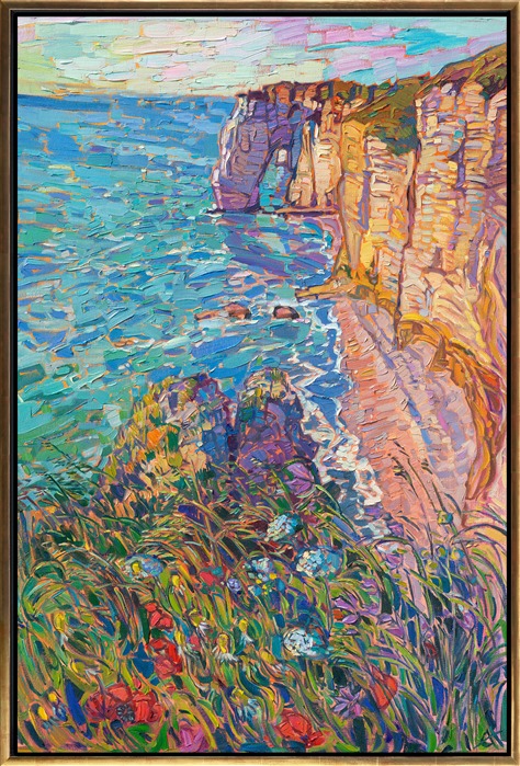 I visited Etretat on France's Normandy coast to explore the unique cliffs that Monet painted many times. Like Monet, I was inspired by the white limestone cliffs and the reflected colors of the cliffs, the water, and the sky. This is the second painting I have created from this location. Hiking along the trail at the top of the cliffs, I could see wildflowers growing against the turquoise waters below. The golden hour light in June lasted for hours... I loved seeing how the white limestone cliffs changed color until the sun finally set at 9:30 PM.</p><p>This painting will be displayed in my "<a href="https://www.erinhanson.com/Event/ReflectionsoftheSeine">Impressions of the Seine</a>" collection release at my gallery on September 14th, 2024.