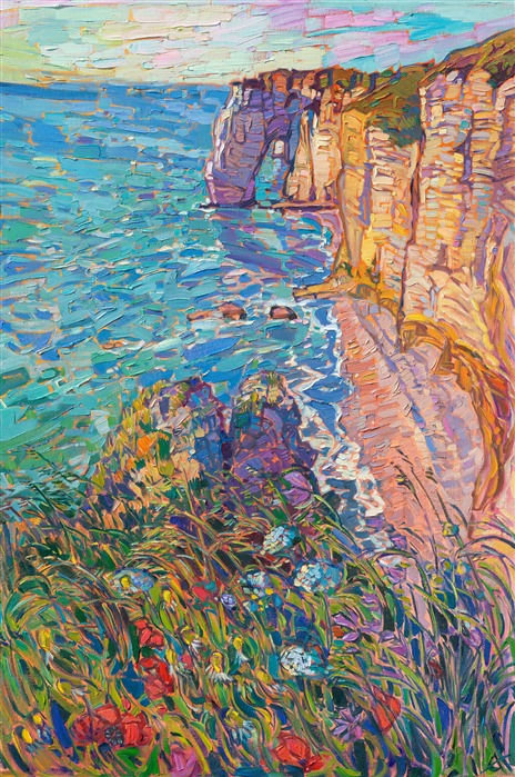 I visited Etretat on France's Normandy coast to explore the unique cliffs that Monet painted many times. Like Monet, I was inspired by the white limestone cliffs and the reflected colors of the cliffs, the water, and the sky. This is the second painting I have created from this location. Hiking along the trail at the top of the cliffs, I could see wildflowers growing against the turquoise waters below. The golden hour light in June lasted for hours... I loved seeing how the white limestone cliffs changed color until the sun finally set at 9:30 PM.</p><p>This painting will be displayed in my "<a href="https://www.erinhanson.com/Event/ReflectionsoftheSeine">Impressions of the Seine</a>" collection release at my gallery on September 14th, 2024.