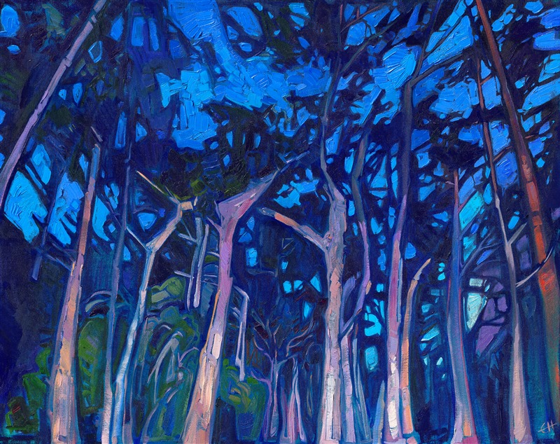 I was driving down 17 Mile Drive in Carmel, on my way to photograph Lone Cypress at sunrise. The sky was lightening to a rich cobalt blue, and my headlights were illuminating the cypress trees in front of me. The effect was very "Maxfield Parrish,"and I couldn't wait to get home to put my brush to the scene.