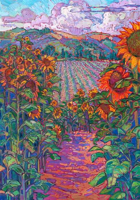 Rows of cultivated sunflowers draw you into a magical landscape of rolling hills and evergreen trees. The expressive brushstrokes create a medley of impressionistic color that captures the warmth of summer.</p><p>"Fields of Sunflowers" is an original oil painting done on stretched canvas. The piece arrives framed in a gilded floater frame, ready to hang.