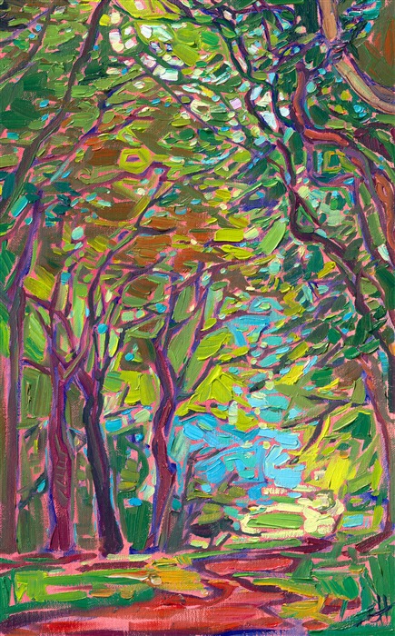 This petite canvas captures a path leading between two lines of trees growing in the French countryside. I was inspired to paint these trees while visiting a monastery near Rouen, France.