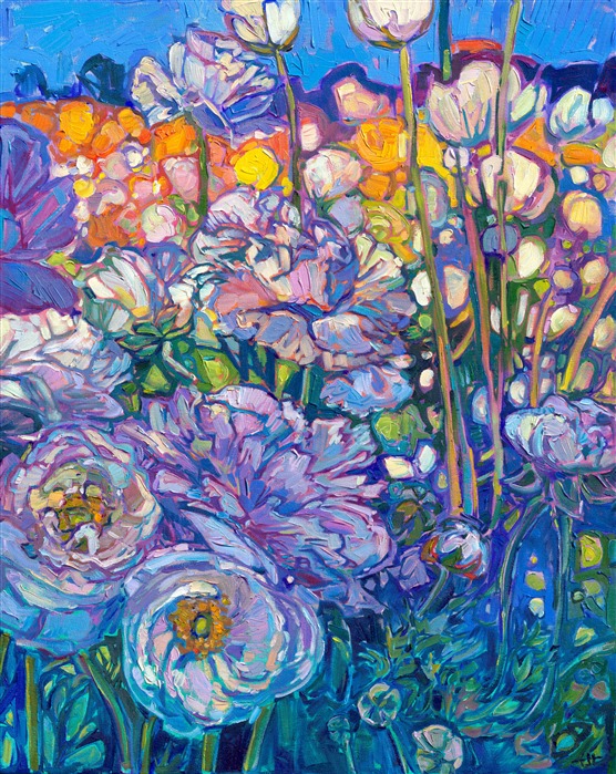 This abstract impressionism painting captures the beautiful colors of ranunculus flower fields from San Diego, California. Thick brushstrokes of oil paint laid side by side without blending create a mosaic or stained glass effect of light and shadow across the canvas. Brilliant hues of paint catch the eye, just as the flower fields caught the artist's eye in the early light of morning.