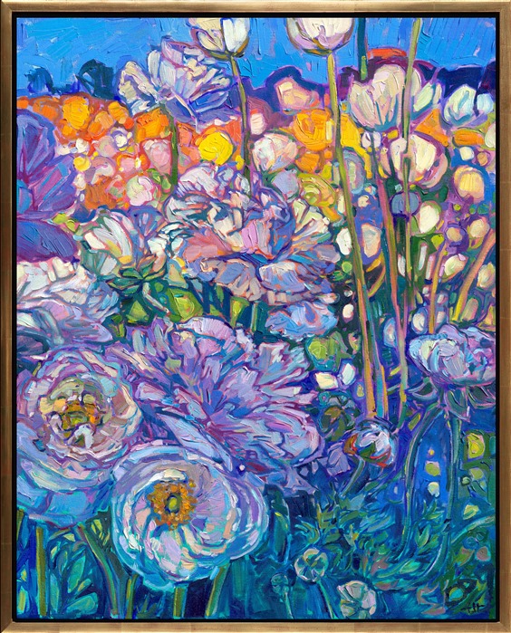 This abstract impressionism painting captures the beautiful colors of ranunculus flower fields from San Diego, California. Thick brushstrokes of oil paint laid side by side without blending create a mosaic or stained glass effect of light and shadow across the canvas. Brilliant hues of paint catch the eye, just as the flower fields caught the artist's eye in the early light of morning.