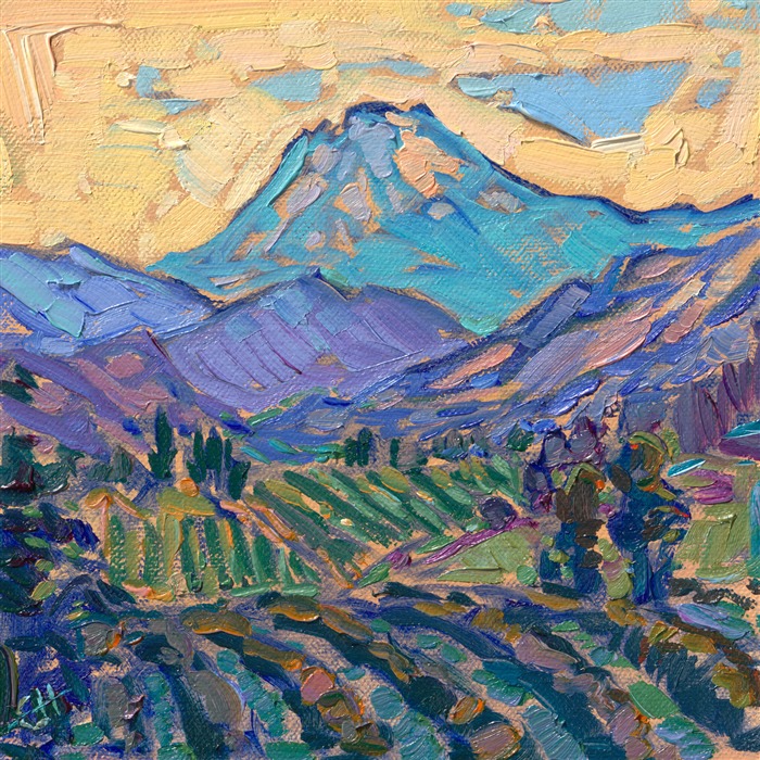 This miniature painting, only 6x6 inches, captures a wide vista of vineyards and fruit orchards growing at the base of Mt Hood, in the Hood River Valley, AKA the "Fruit Loop." Small brush strokes create big impact and lots of texture, since Erin does not overlap her brush strokes.