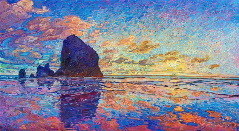 Haystack Rock is the most iconic sea stack formation on the Oregon coast, and seeing it at sunset brings it to light like no other time of day. Erin Hanson's Open Impressionism techniques beautifully capture the changing light and multitude of colors in the seascape. Thick brush strokes of oil paint laid side by side give a sense of movement in the painting.