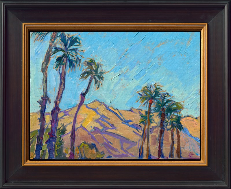 The delicate hues of dawn illuminate the dusty desert mountains of Palm Springs and turn them into an impressionist's paradise. Thick brush strokes of oil paint capture the movement and color of the desert at dawn.