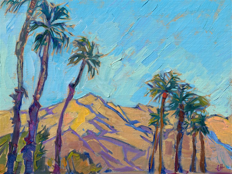 The delicate hues of dawn illuminate the dusty desert mountains of Palm Springs and turn them into an impressionist's paradise. Thick brush strokes of oil paint capture the movement and color of the desert at dawn.