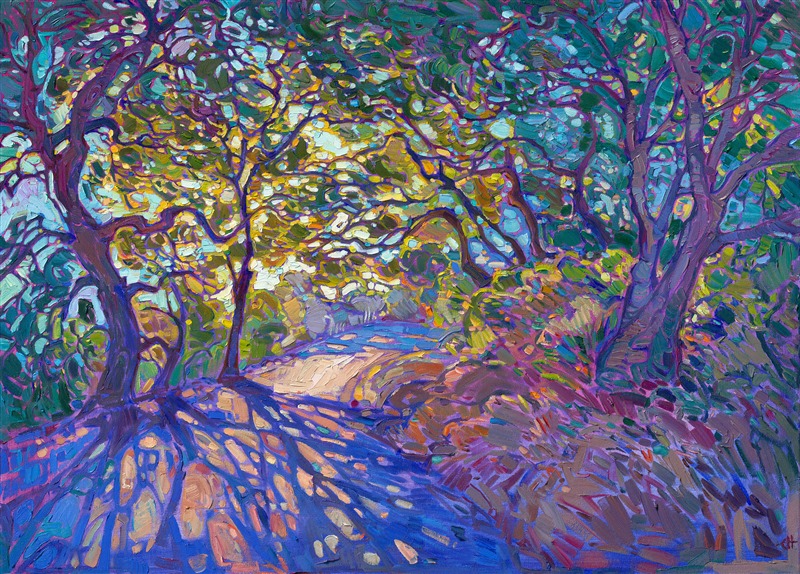 I love driving the winding roads through Paso Robles wine country. At the high elevations, I pass by sun-lit vineyards and open orchards, and when the roads dip down in the valleys, I pass beneath overhanging oak trees and hanging moss, and I can hear the sound of water trickling by in the nearby stream. This painting captures this view of Paso from between the oak trees, where crystalline light casts long shadows across the road.