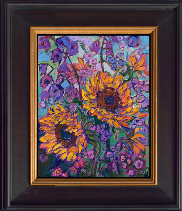 Impressionist blooms of sunflowers and violet flowers are painted with thick, expressive brushwork and vivid hues of oil paint. The luscious colors look good enough to eat.