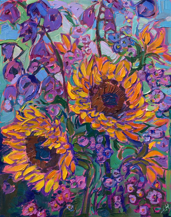 Impressionist blooms of sunflowers and violet flowers are painted with thick, expressive brushwork and vivid hues of oil paint. The luscious colors look good enough to eat.