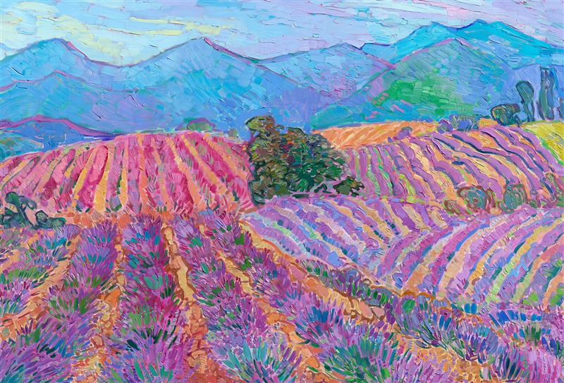 This painting combines all my favorite visions of France -- the abundance of wildflowers from Monet's Garden and the rolling hills of lavender fields from Provence. From red poppies through a rainbow of wildflowers to deep, velvety lavender, this painting captures the beautiful colors and textures of France.