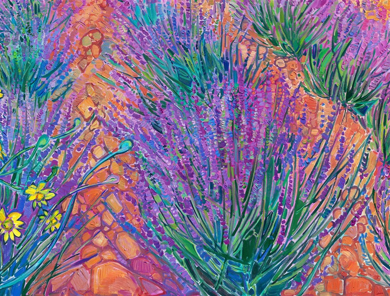 This painting combines all my favorite visions of France -- the abundance of wildflowers from Monet's Garden and the rolling hills of lavender fields from Provence. From red poppies through a rainbow of wildflowers to deep, velvety lavender, this painting captures the beautiful colors and textures of France.