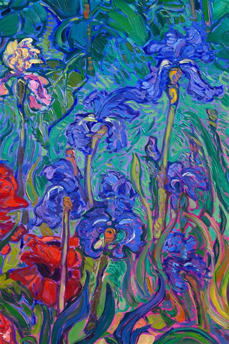 Schreiner's Iris Garden in Woodburn, in the heart of Oregon's Willamette Valley, has the most amazing array of iris blooms I've ever seen. Every combination and variation of floral color possible is represented in these gardens. This painting captures the beautiful colors of an Oregon summer on a grand scale of a 6-foot-tall canvas.