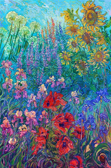 Schreiner's Iris Garden in Woodburn, in the heart of Oregon's Willamette Valley, has the most amazing array of iris blooms I've ever seen. Every combination and variation of floral color possible is represented in these gardens. This painting captures the beautiful colors of an Oregon summer on a grand scale of a 6-foot-tall canvas.