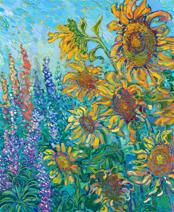 Schreiner's Iris Garden in Woodburn, in the heart of Oregon's Willamette Valley, has the most amazing array of iris blooms I've ever seen. Every combination and variation of floral color possible is represented in these gardens. This painting captures the beautiful colors of an Oregon summer on a grand scale of a 6-foot-tall canvas.