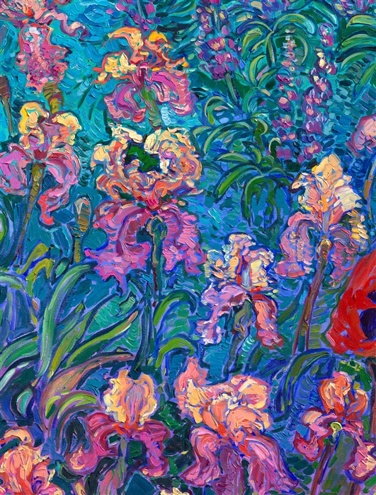 Schreiner's Iris Garden in Woodburn, in the heart of Oregon's Willamette Valley, has the most amazing array of iris blooms I've ever seen. Every combination and variation of floral color possible is represented in these gardens. This painting captures the beautiful colors of an Oregon summer on a grand scale of a 6-foot-tall canvas.