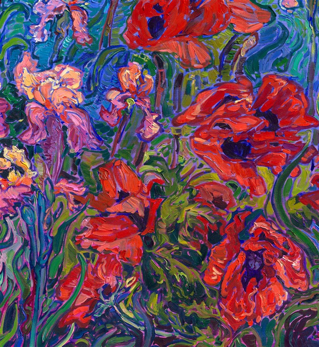 Schreiner's Iris Garden in Woodburn, in the heart of Oregon's Willamette Valley, has the most amazing array of iris blooms I've ever seen. Every combination and variation of floral color possible is represented in these gardens. This painting captures the beautiful colors of an Oregon summer on a grand scale of a 6-foot-tall canvas.