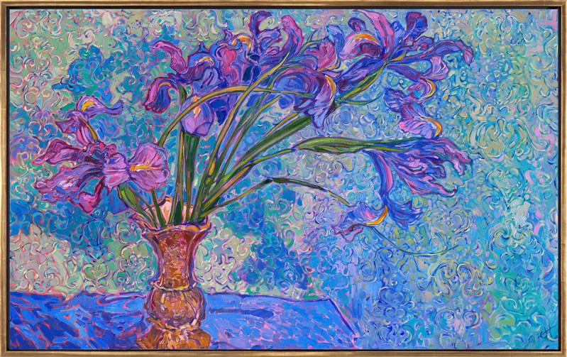 A vase of purple irises stands against damask wallpaper, the richly colored blooms blending and contrasting with the background. Thick brushstrokes of oil paint capture the transient beauty of the flowers with expressive joy and movement.</p><p>Erin Hanson, creator of the style Open Impressionism, mixes her color palette from only five colors, using her palette to pre-blend the entire array of colors that will appear in the painting before ever picking up a brush. When she paints, she lays her strokes side by side without layering, creating a mosaic of color and texture across her canvas. Her unmuddied colors are bright and vibrant, capturing the imagination.