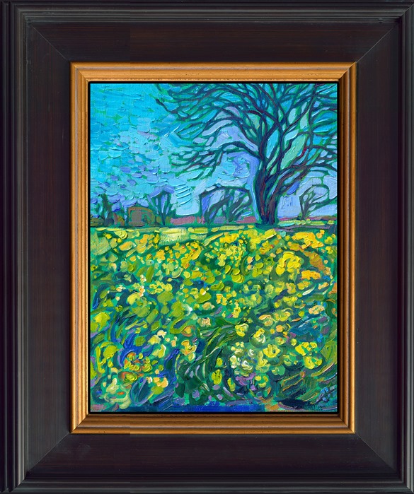 Mustard flowers explode with expressive color in this painting of Japan. I was searching for cherry blossoms, but this field of wildflowers caught my attention, and I was entranced by the contrasting colors and patterns of the scene.