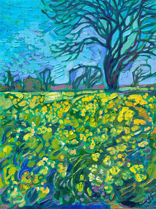 Mustard flowers explode with expressive color in this painting of Japan. I was searching for cherry blossoms, but this field of wildflowers caught my attention, and I was entranced by the contrasting colors and patterns of the scene.