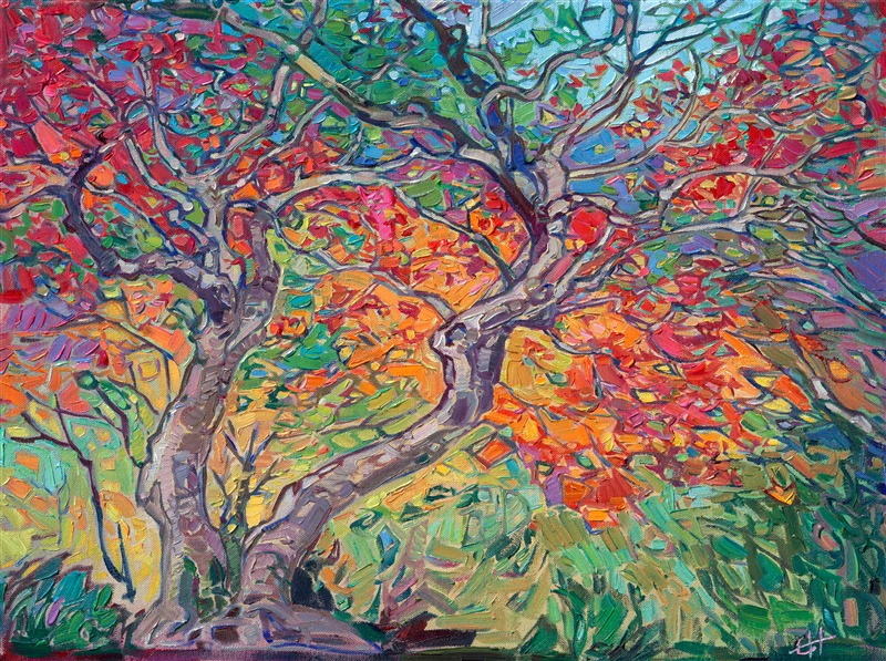 I love painting the twisting branches of Japanese maple trees. I found this grove of maples in the gardens of a Buddhist temple in Kyoto, Japan. The soft light accentuates the striking colors of cadmium red against green. Thickly applied brush strokes of oil paint create a mosaic of texture across the canvas.