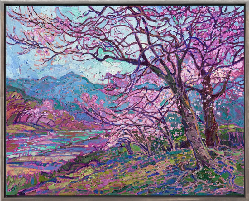 Kyoto, Japan, is one of the most beautiful locations to see cherry trees in full bloom. This piece captures the cherry trees that grow along a riverbed in Kyoto. The Yoshino cherry tree's artistic branches and delicate pink and white blooms are a joy to paint. This Japanese cherry blossom painting is available for purchase by master impressionist Erin Hanson. Canvas prints and 3D Textured Replicas are also available in various sizes and framing options.