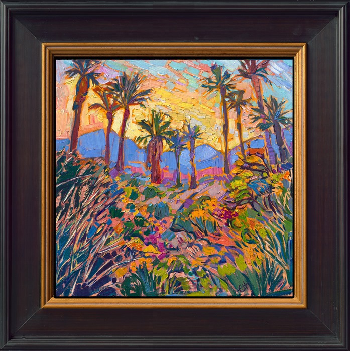 La Quinta, in the high desert of California, is beautiful in the springtime, when desert wildflowers and cultivated blooms both are in full color. This painting captures a view from the foothills looking down over layers of blooms and palm trees. Thick, impressionistic brush strokes capture the fleeting light of sunrise.