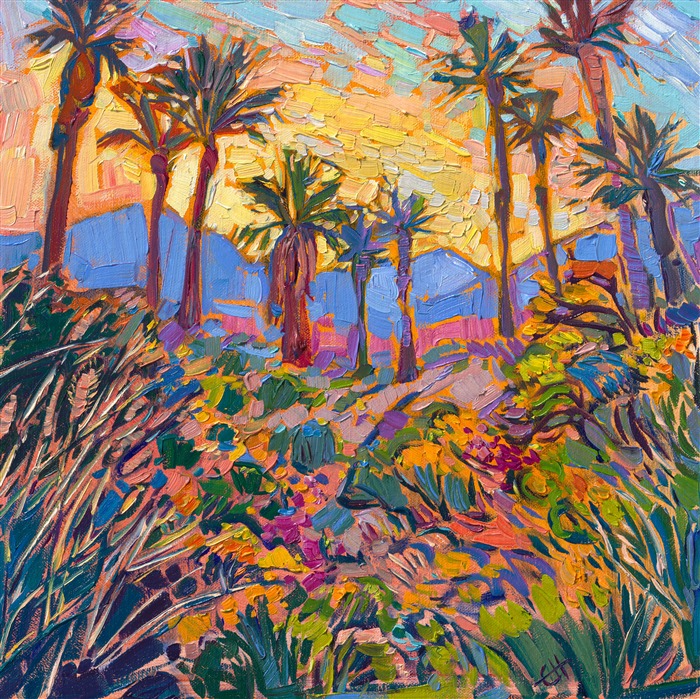 La Quinta, in the high desert of California, is beautiful in the springtime, when desert wildflowers and cultivated blooms both are in full color. This painting captures a view from the foothills looking down over layers of blooms and palm trees. Thick, impressionistic brush strokes capture the fleeting light of sunrise.