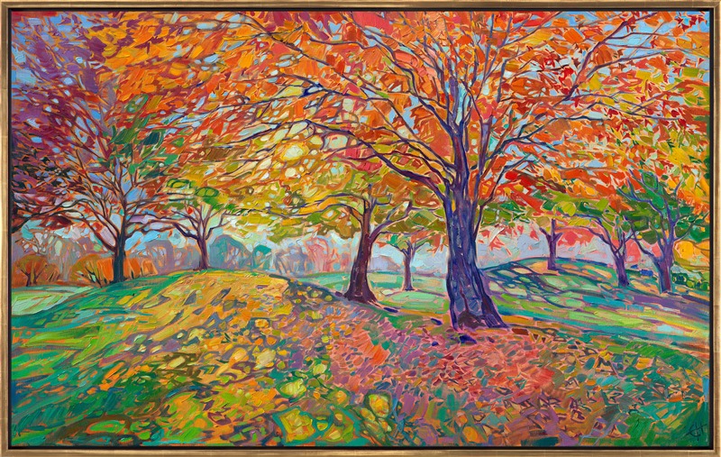 This Halloween-colored painting celebrates everything I love about the fall. The light shining through the maple trees creates intriguing patterns of light and shadow across the grass. Thick brush strokes of oil paint laid side-by-side, without layering, create an impactful mosaic of color and texture across the canvas. This painting was created in my signature Open Impressionism style.