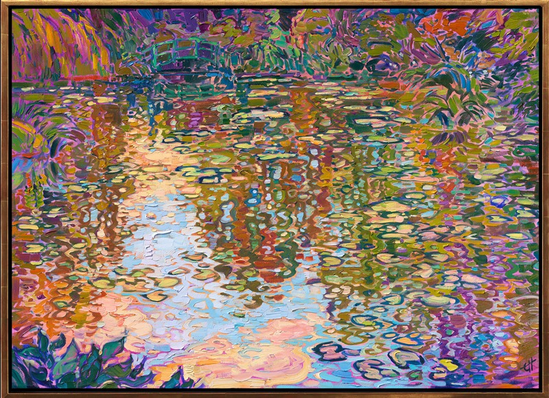 This contemporary impressionist painting captures the same scene that inspired the Father of Impressionism, Monet himself. Visiting Giverny and Monet's water lily garden was the highlight of my trip to France. I loved seeing the very same trees and the same wiggly reflections that Monet saw. This painting is my homage to Monet.