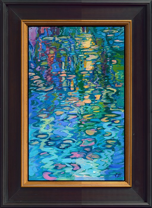 Wavy lines of reflected weeping willows dance upon the surface of Monet's water lily pond. This petite painting captures the beautiful light of France with impressionistic brushstrokes alive with color and texture.